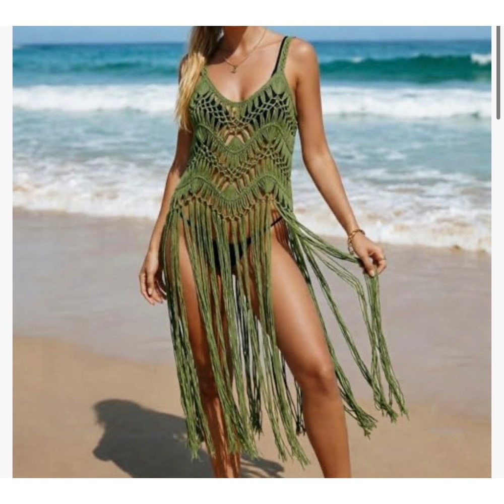 Womens Crochet Macrame Fringe Swim Cover Up Dress Boho V-Neck Brown Maxi